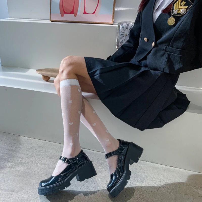 Description Picture 6 of itemSexy JK Women Stocking Lolita Uniform Thin Long Socks Silk Stockings Love heart see through black Knee Sock Summer Underwear