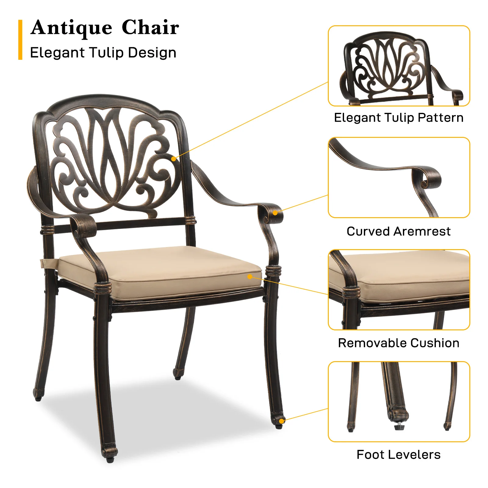 Set of 2 Cast Aluminum Patio Dining Chairs with Cushions, Stackable Outdoor Bistro Chairs for Balcony Backyard Antique Bronze 2