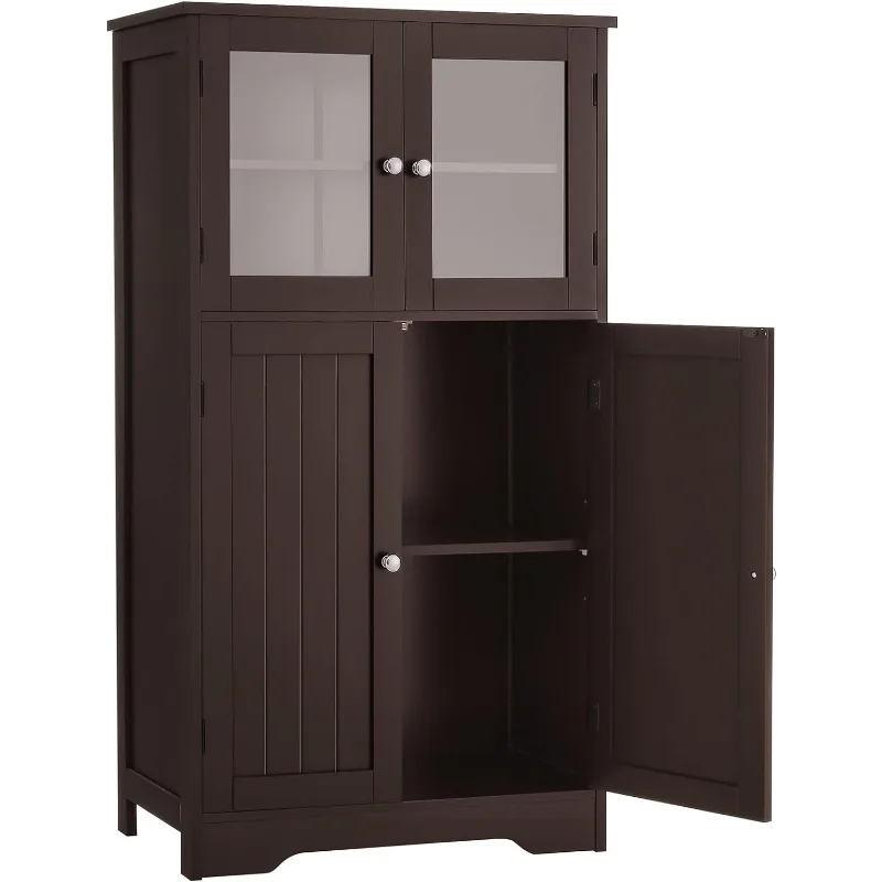 

torage Cabinet, Linen Cabinet with Glass Doors & Adjustable Shelf, Freestanding Storage Organizer