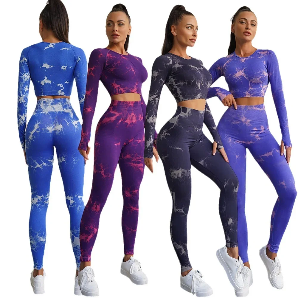 

Tie Dye Yoga Long Sleeve Top Legging Sports Fitness Suits 2 Piece Sets Womens Outfits Gym Workout Clothes Set for Women Yoga Set