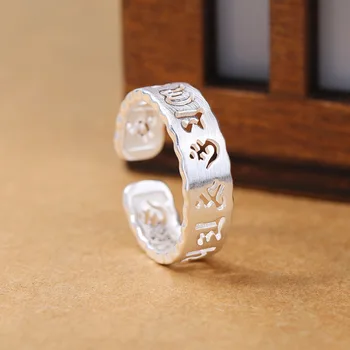 New Creative Six-word Mantra Brushed 925 Sterling Silver Fashion Jewelry Hollow Ancient Script Lucky Opening Rings  R288