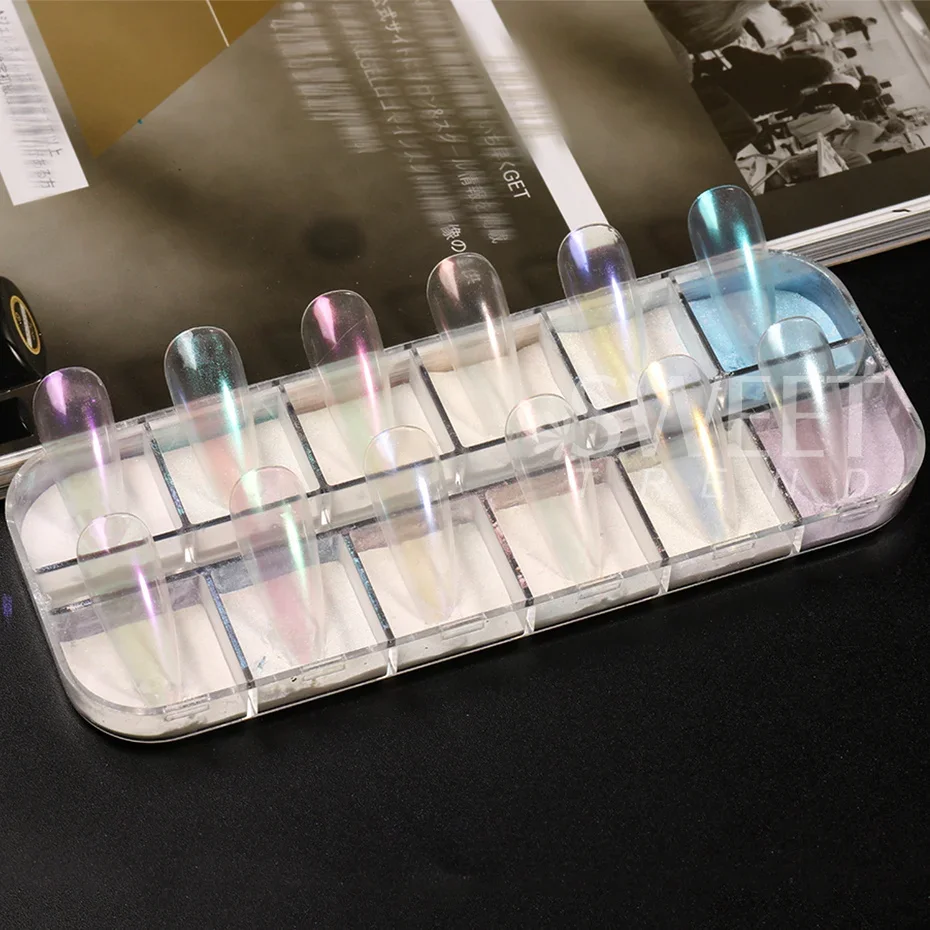 12 Grid Fairy Mermaid Nail Glitter Powder White Gloss Pearl Pigment Colorful Mirror Gel Polish Chrome Dust Winter Manicure Decor