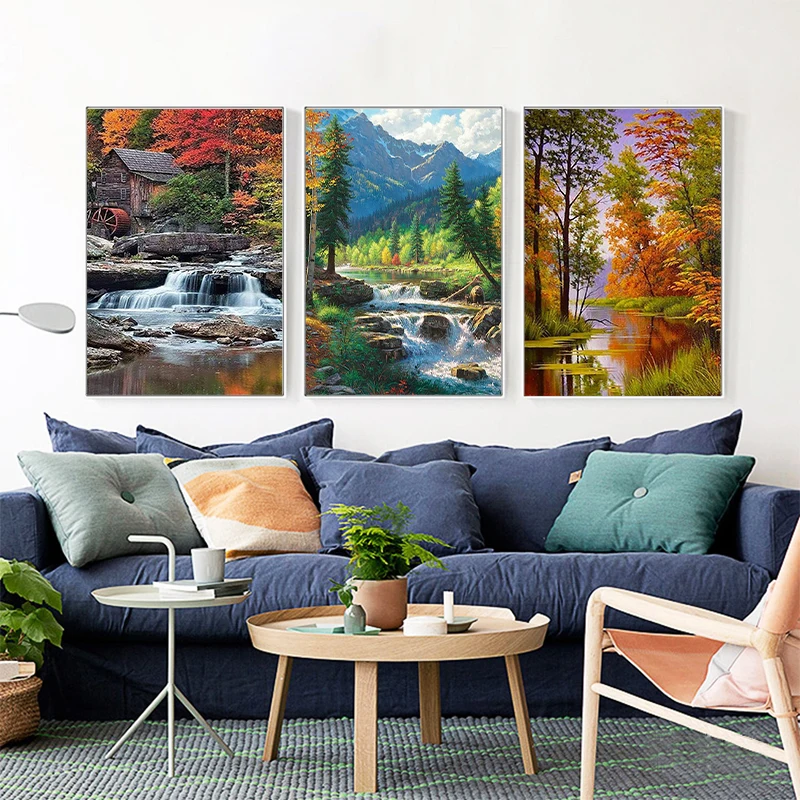 Lake 5D DIY Diamond Painting Scenery Embroidery Mosaic Waterfall Tree Rhinestones Round Drill Cross Stitch Art Home Decor