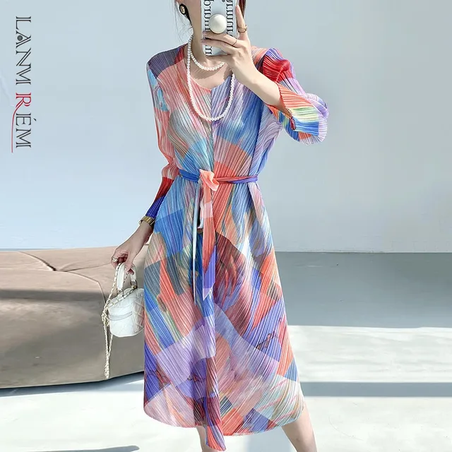 LANMREM Autumn New Ink Print Pleated Women's Dress With Tie Waist Elegant Mid-Length Dress Elastic Loose Casual Clothing 2DB3625