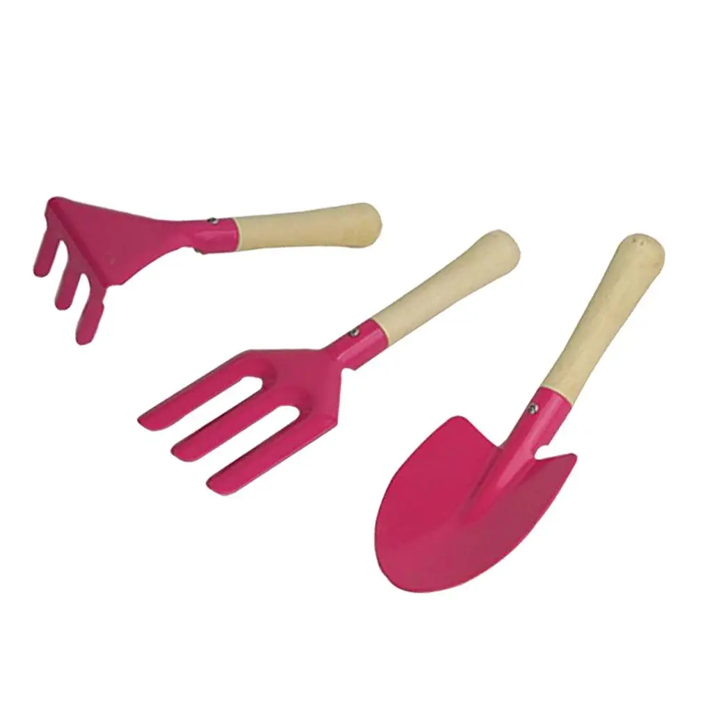 3pcs Wooden Handle Mini Metal Rake Shovel Fork Set Beach Toys Set