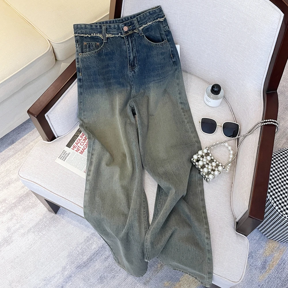

Women's Raw Edge Tie Dyed Gradient Blue Jeans High Waist Straight Casual Pants Street Chic Female Loose Denim Wide Leg Trousers