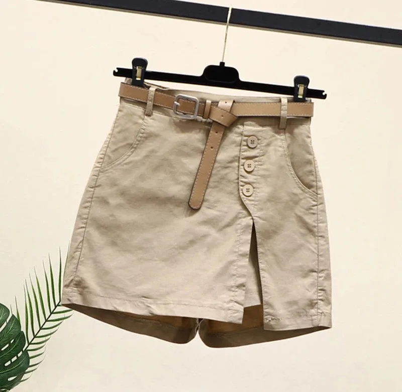 Chic Shorts Frauen Gürtel Koreanische Feste Tasten Seite Schlitzte A-line Streetwear Fashion Röcke Chic Harajuku Sommer Lose Hosen – Detail 5
