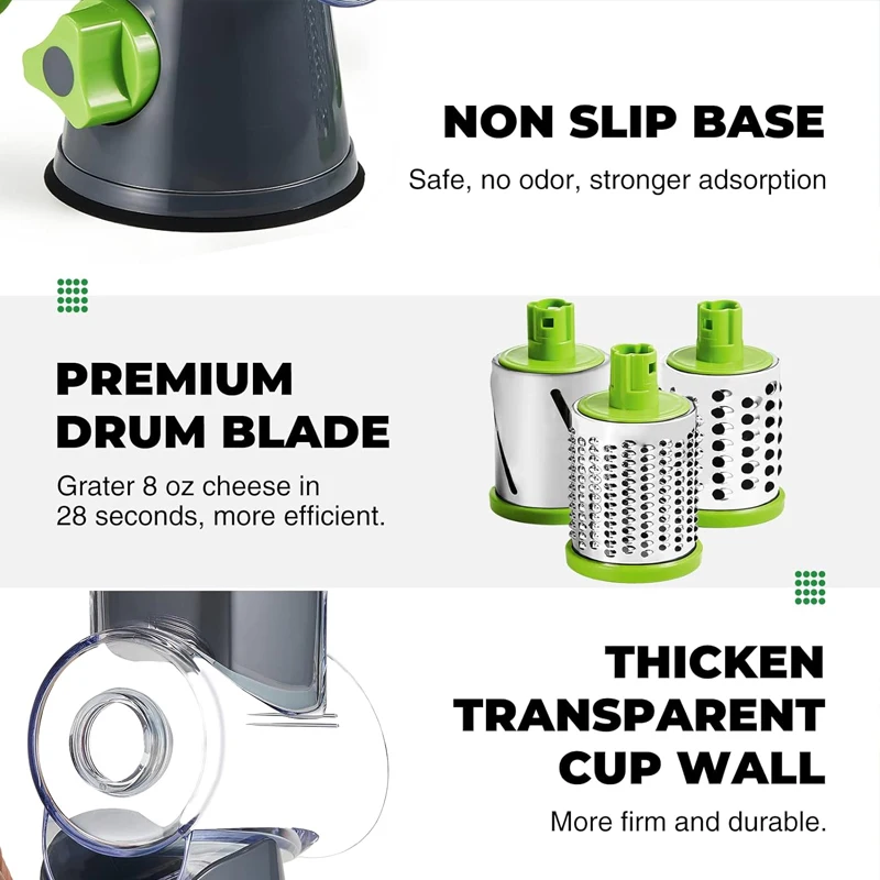Vegetable Cutter Cheese Shredder 3 Sharp Drums Multifunctional Garlic Potato Shredder Handheld with Strong Suction Kitchen Tool