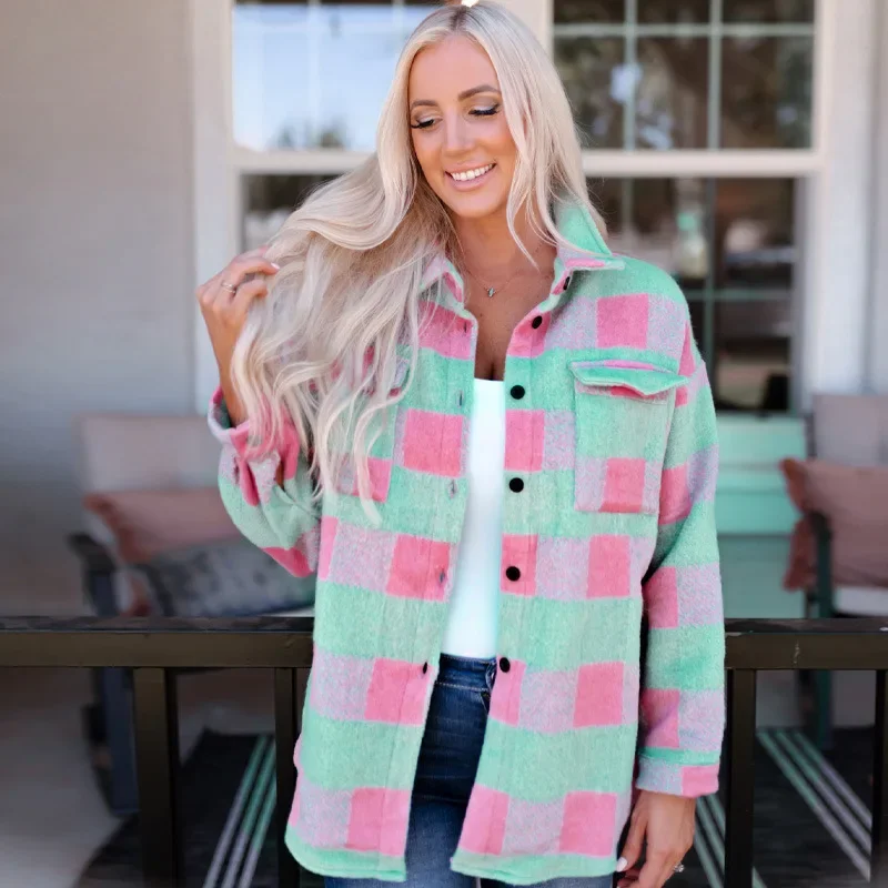 Pink Plaid plus Size Thick Coat Women's European and American Loose All-Match Long Sleeve Warm Jacket earrings gradient glitter plaid water drop earrings in pink size one size