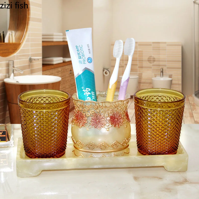 Classical Flower Pattern Resin Bathroom Accessories Toothpaste Holder Bath Lotion Bottle Mouth Cup Toilet Brush Bath Supplies