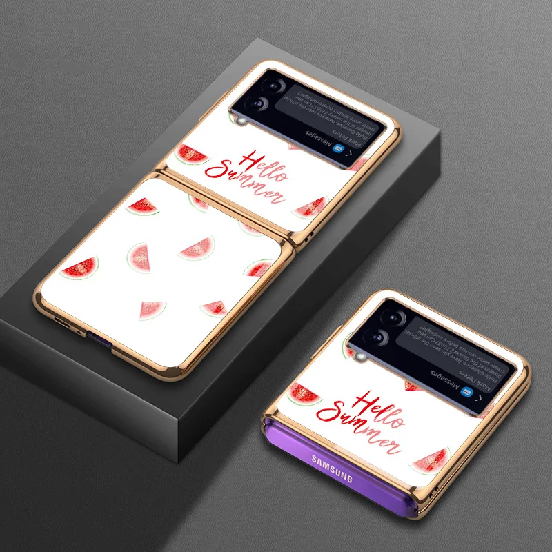 Z Flip 4 Funda Case for Samsung Galaxy Z Flip 4 3 2 Small Fresh Summer Fruit Plating Tempered Glass Protection Phone Case Cover