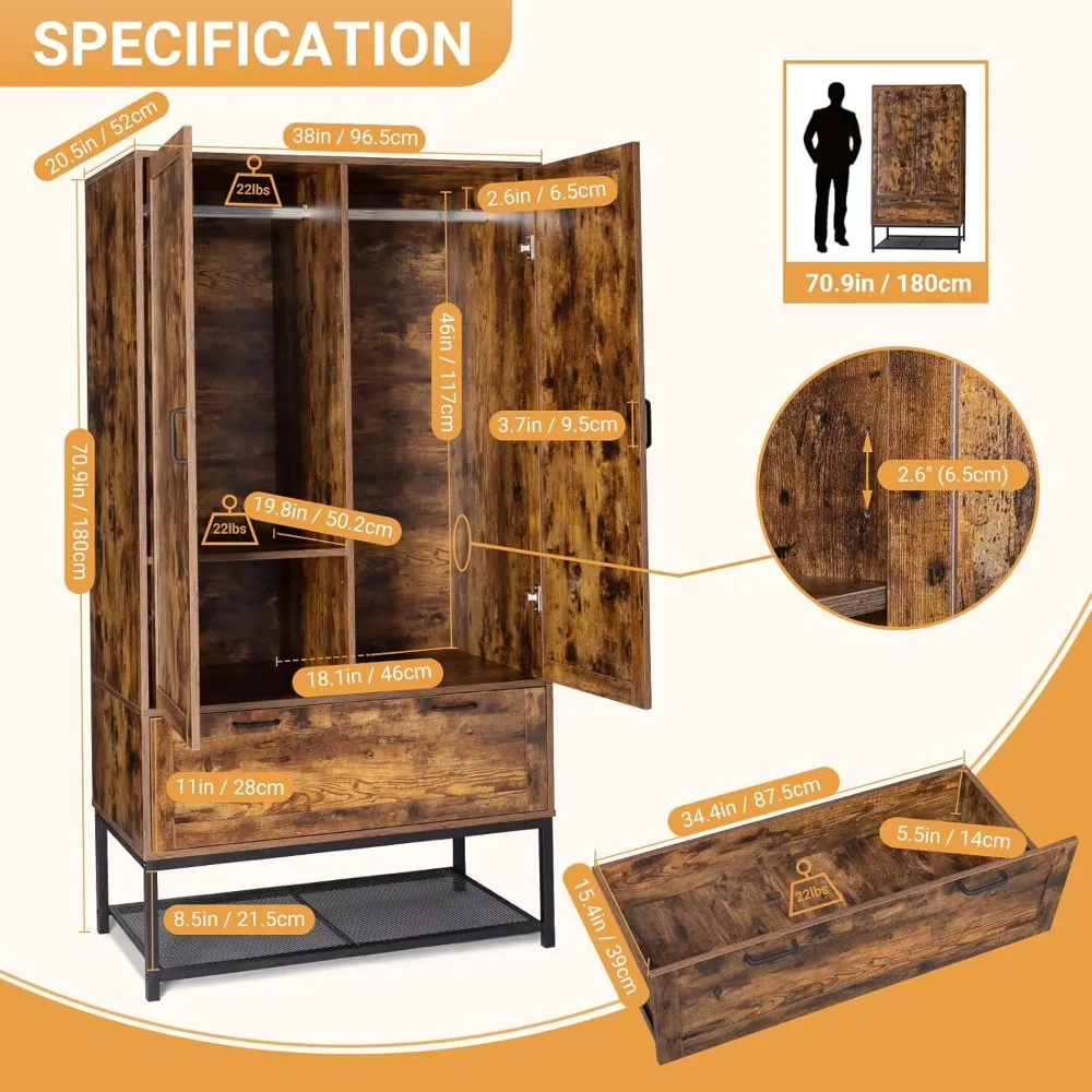Armoire, Wardrobe Closet with Hanging Rod, Bedroom 71" Freestanding Wardrobe Cabinet with Doors, Adjustable Shelves and Drawer 5