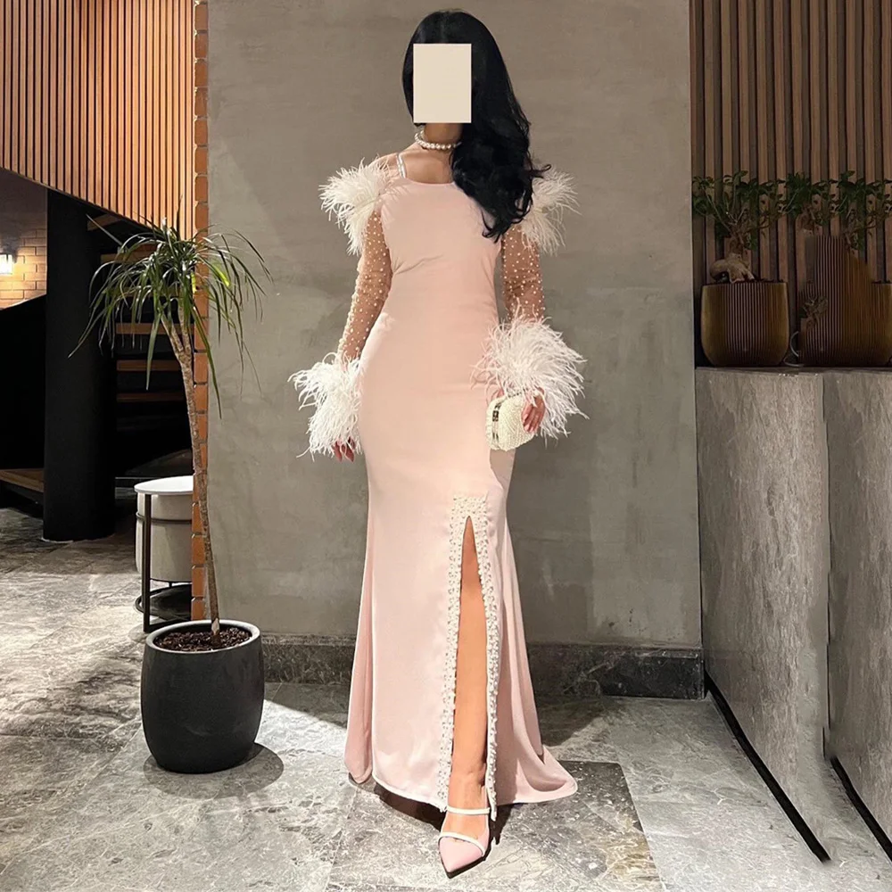 

Prom Gown Straight Slit Long Sleeve Feathers Illusion Square Neck Evening Party Dresses for Women فساتين للحفلات الراقصة