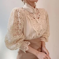 Elegant Loose Sweet Fashion Lace Women Blouse Office Stand Collar Casual Shirt Ladies Petal Long Sleeves Hollow Out Top Clothing - Image 5
