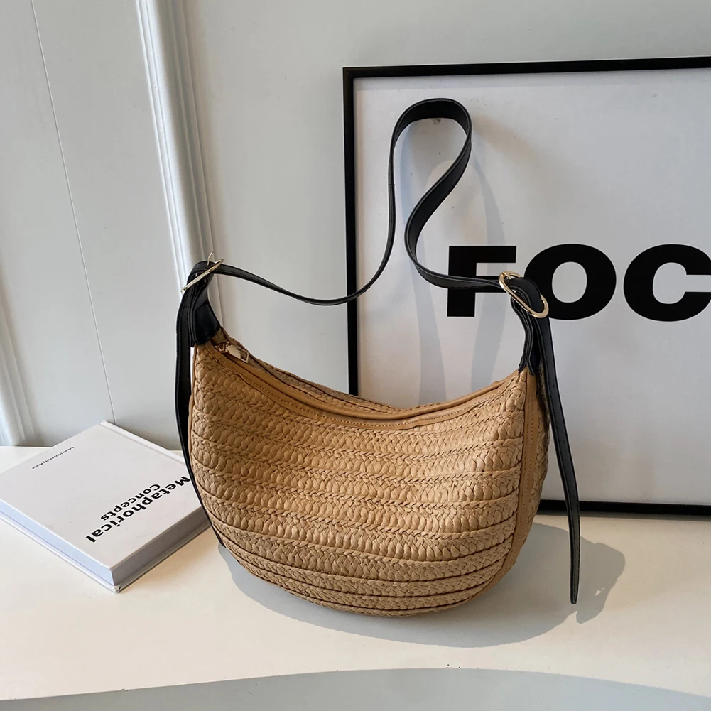 Summer Woven Straw Bag for Women Trendy Straw Shoulder Bags Casual Tote Bag Raffia Hobo Crossbody Bag Rattan Travel Handbags New