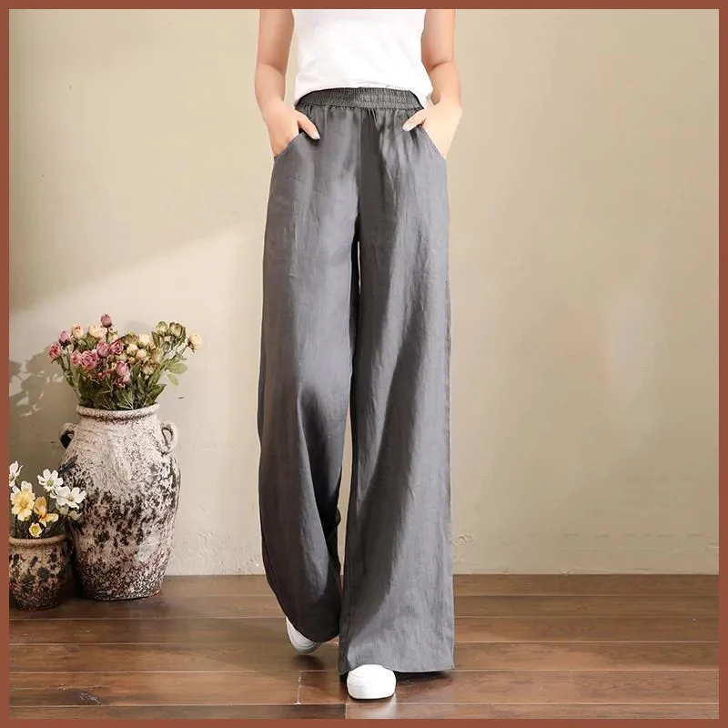 Women Vintage Wide Leg Pants Cotton Linen High Waist Baggy Trousers Mom's Ankle-length Oversized Pantalones New Elegant Spodnie