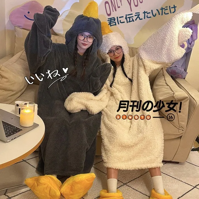 Thicken Coral Fleece Hooded Robe Nightgown Funny Big Goose Couple Cute Cartoon Home Wear Lounge Wear Halloween Cosplay Costumes women dress women sleepwear sleepwear pajamas