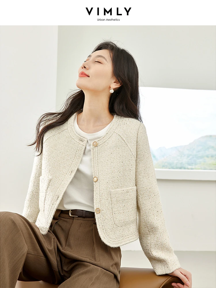 

Vimly Sequins Wool Blend Cropped Tweed Jacket Women Elegant Short Coats 2023 Autumn Winter Female Fashion New Outerwear M3892