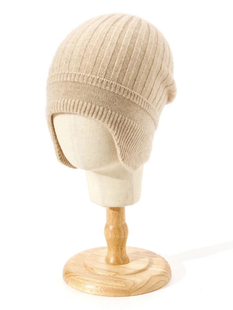 Cashmere Knit Earflap Caps Ribbing Thick Beanies 2023 Winter Vintage Hat Soft Hat Wool Blend Warm Hair Bonnet for Women Men 3
