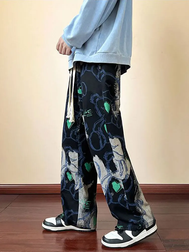 Fashion Y2k Print Wide leg Baggy Pants Men Korean Designer