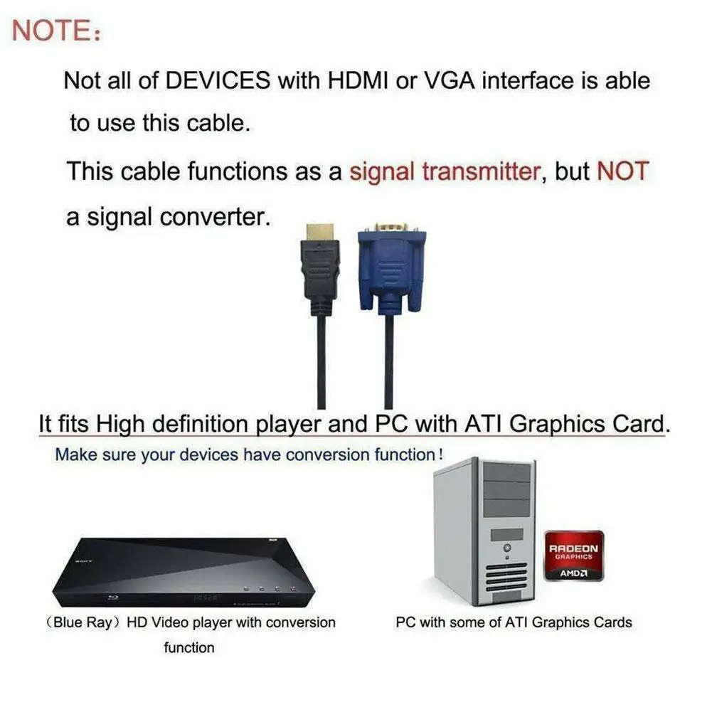 HDMI 호환 수-VGA 수 케이블, PC DVD HDTV 노트북 모니터 액세서리, 1080P, 1.8 계량기