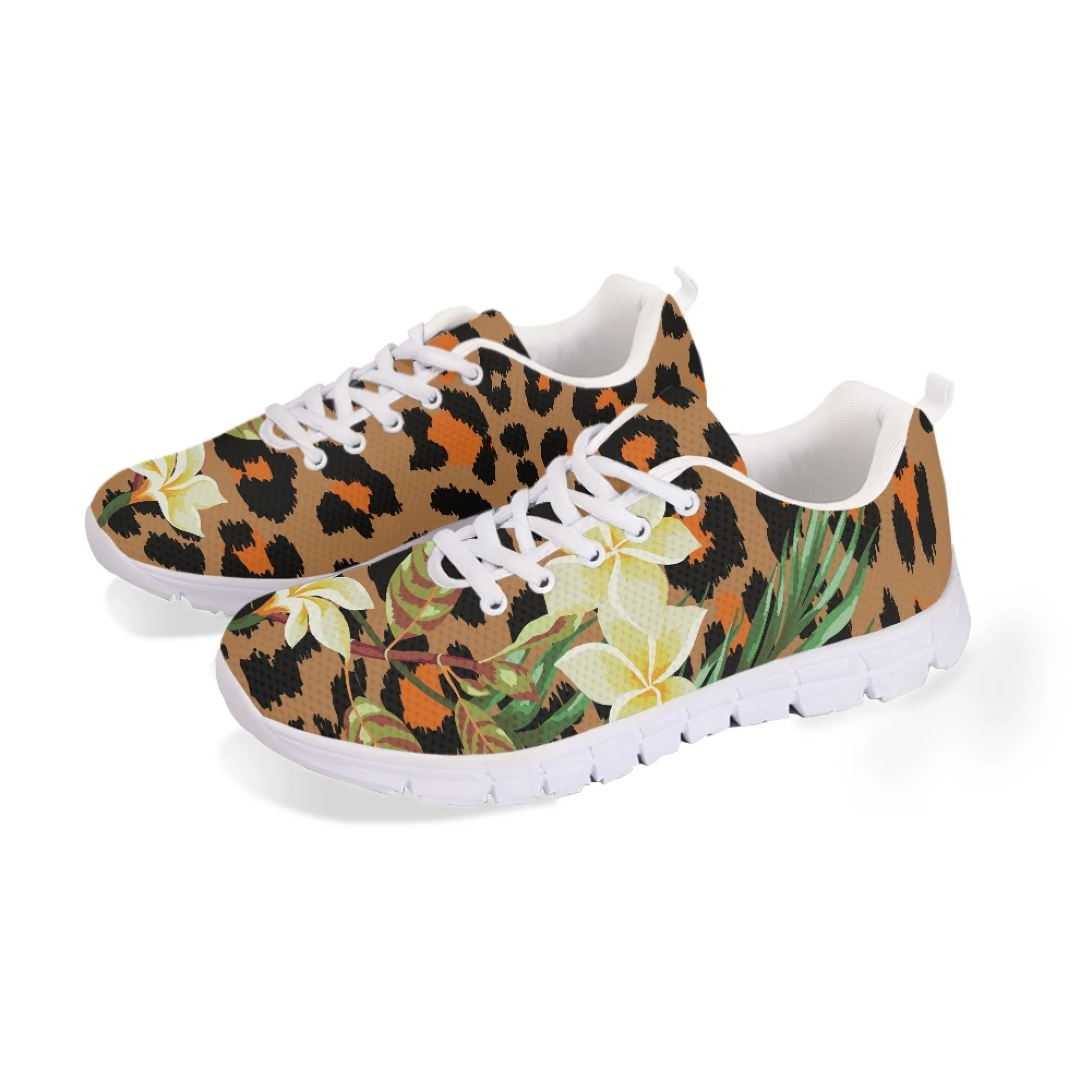 Yikeluo Leopard with Plumeria Pattern Print Flat Shoes for Women Lace up Casual Sneakers Outdoor Lightweight Sport Footwear 2022