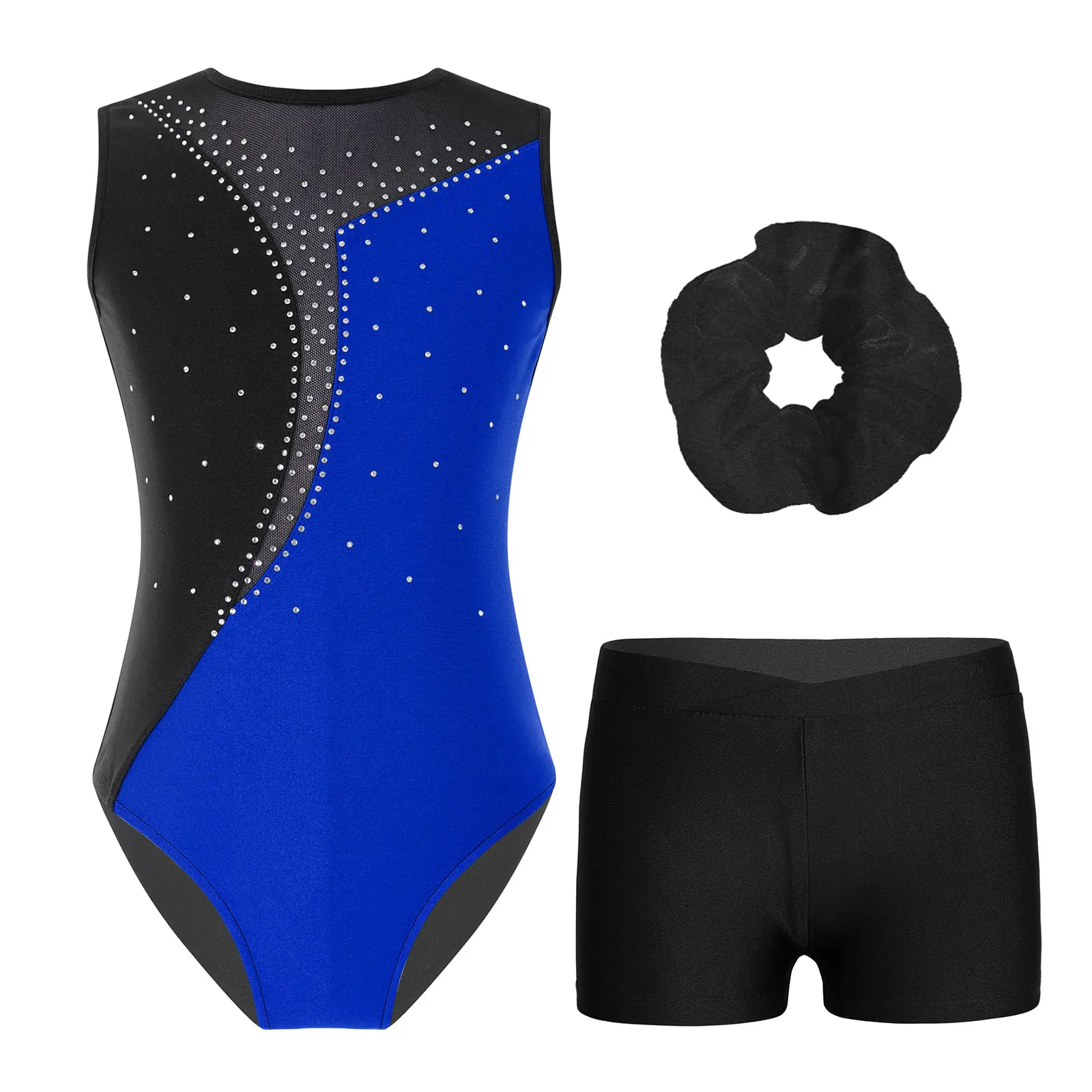 Kids Girls 6 to 16 Years Dance Gymnastics Workout Jumpsuits Sleeveless Shiny Rhinestones Leotard with Shorts Hair Band Set