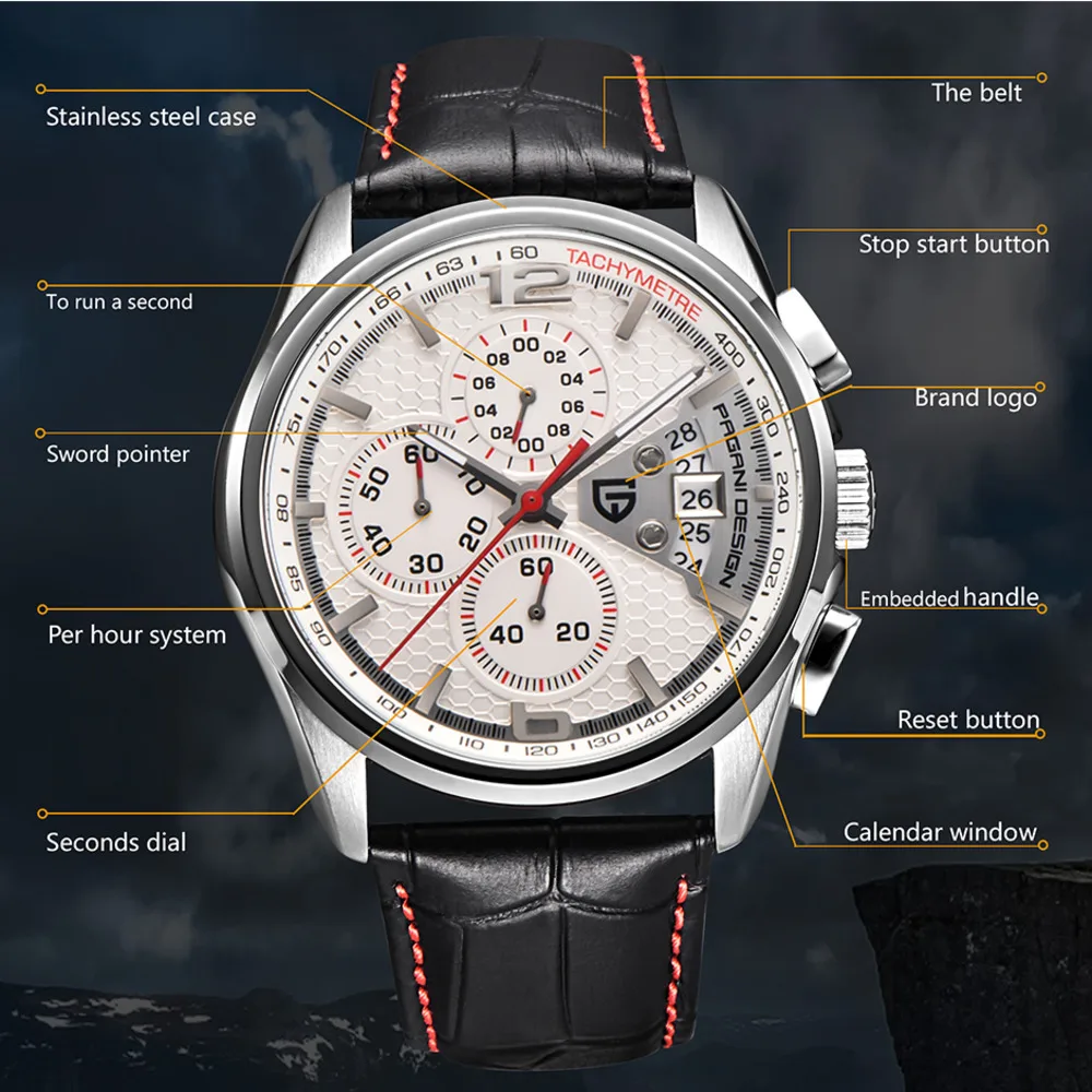 PAGANI DESIGN Watch For Men Luxury Top Brand Chronograph Luminous Date 30M Waterproof Clock Leather Strap Men Watch Reloj Hombre