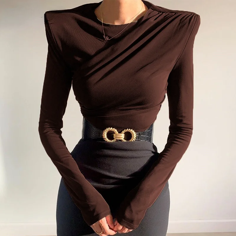 

2021 O Neck Brown Long Sleeve Crop Top Women Basic Casual Autumn Winter Sexy T Shirts Black Ruched Streetwear Fashion Vintage