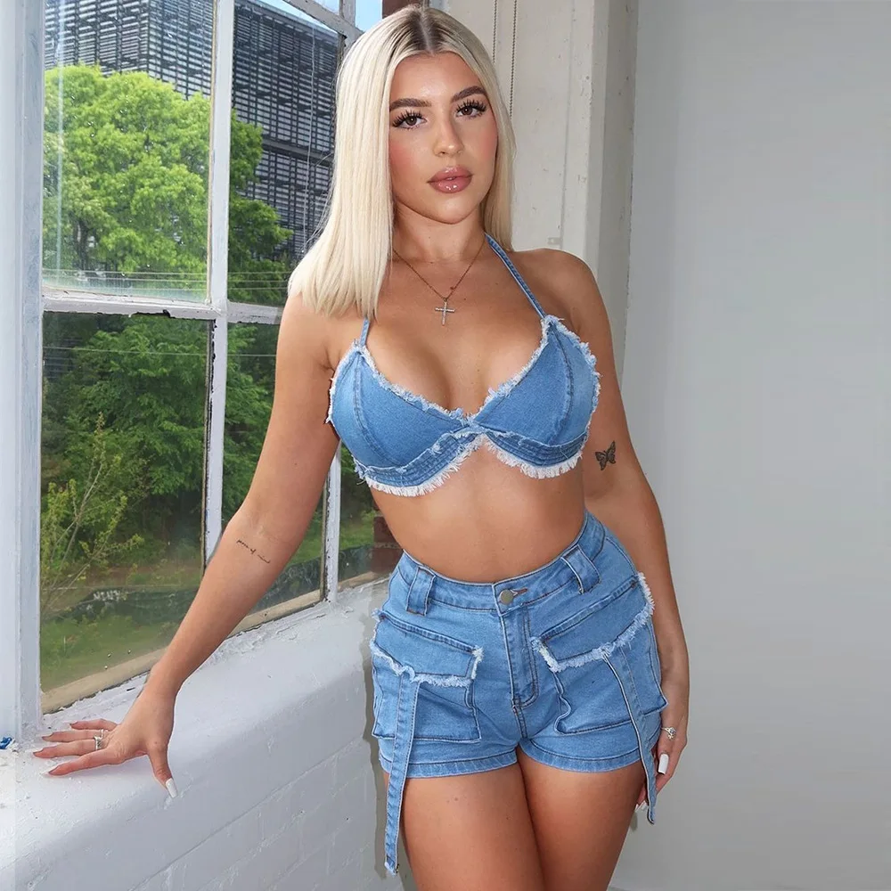 

Sexy Jean Two Piece Pant Set Women Tassel Crop Top Bra 2023 Summer Casual Denim Club Clothing Female New 2 Piece Short Set