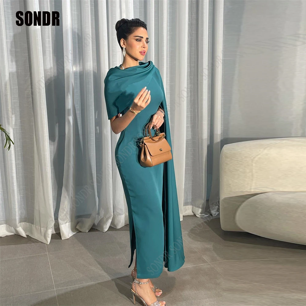 

SONDR Elegant Dubai Arabic Women Simple Formal Evening Dresses O Neck Sequin Shawl Stretch Satin Prom Gowns Robe de soiree