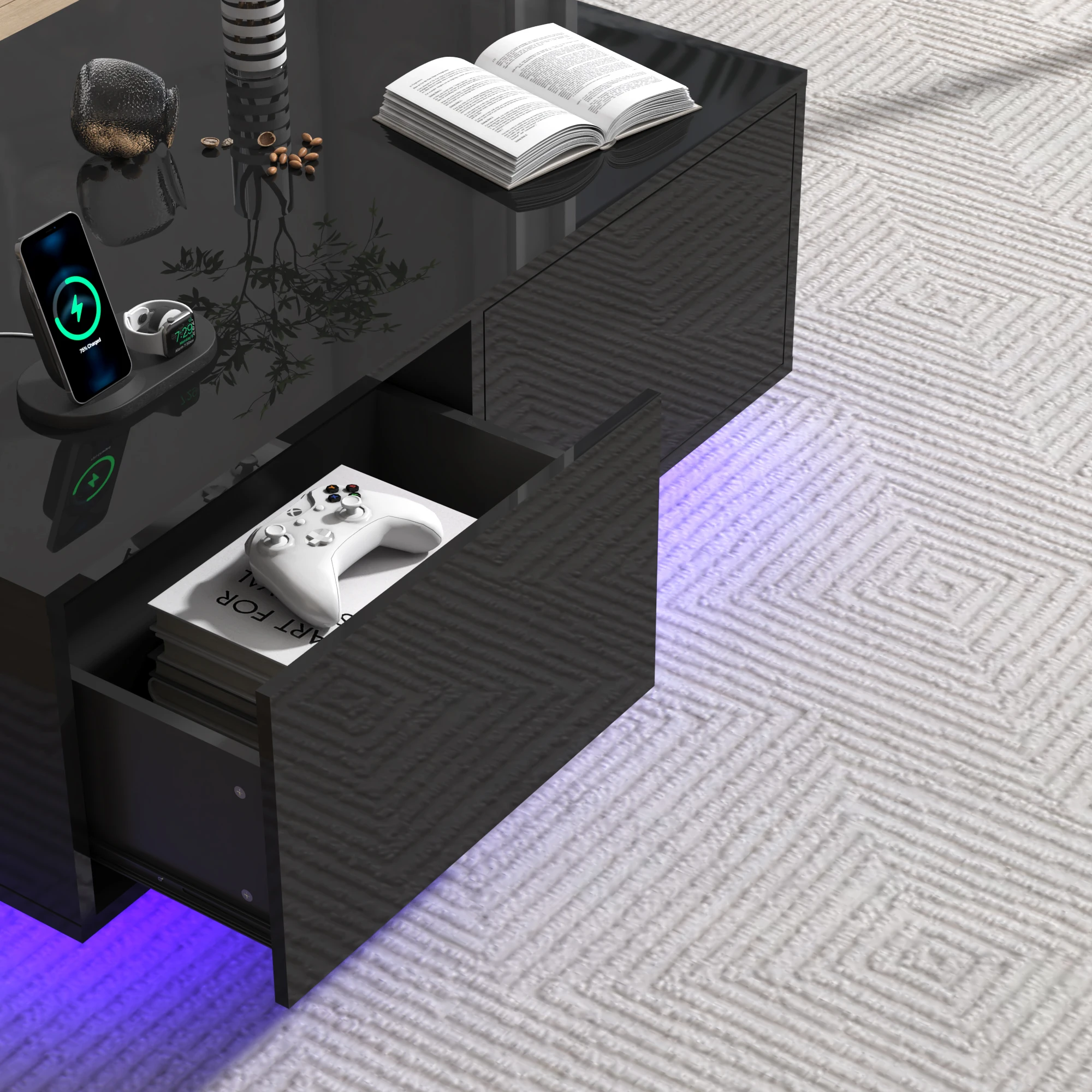 LED Coffee Table with Storage, Modern High Glossy Center Table with 4 Sliding Storage Drawers & Charging Station, Black/White