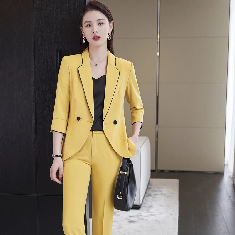 Half Sleeve 2022 Spring Summer Ladies Office Formal Business Work Wear Suits OL Styles Career Blazers Trousers Set Pantsuits