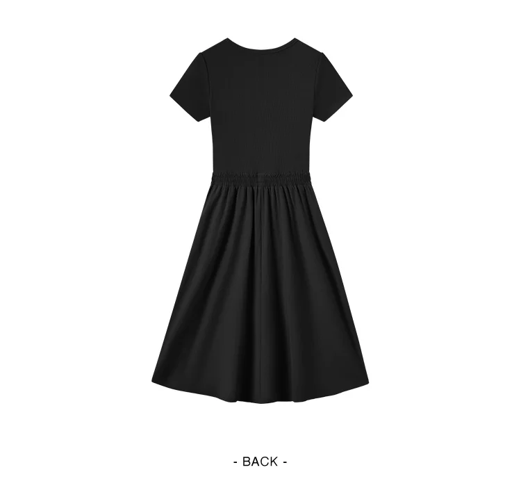 Dress Women Slim-Fit Waist-Cinching Dress Summer New Fake Two-Piece Round Neck Midi Versatile Dress