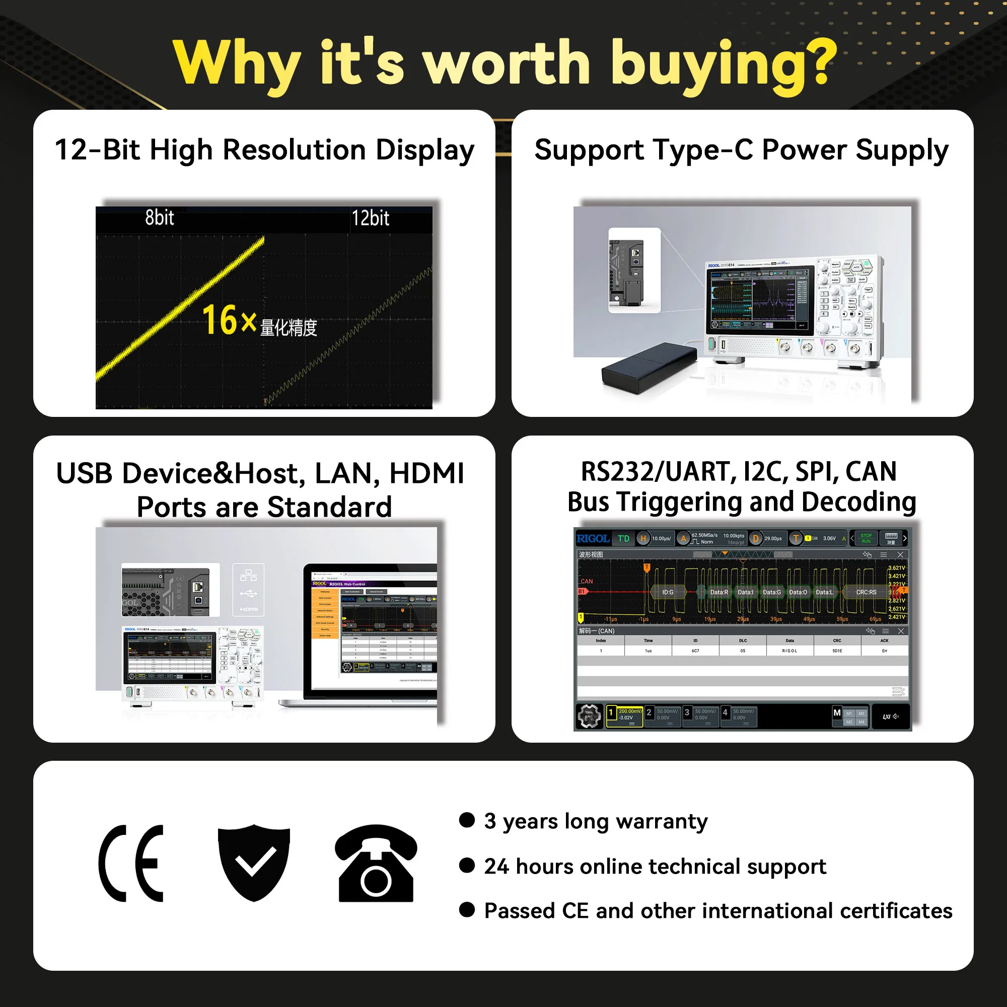 RIGOL DHO800 Series Digital Oscilloscopes Portable 70-100MHz 1.25G Sa/s type-c Power Supply DHO802/DHO804/DHO812/DHO814 digital oscilloscope