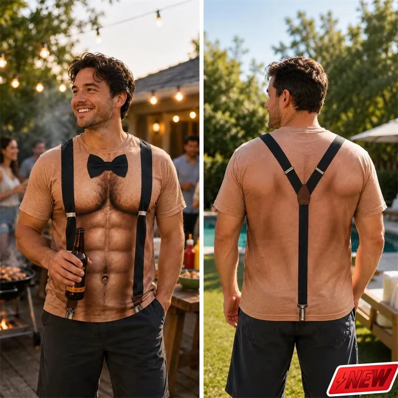 Herren Lustiges T-Shirt mit Fake-Muskel-Muster, Kurzarm, 3D-Druck, Fake-Bauchmuskeln-Grafik, Rundhalsausschnitt, Casual Party Cosplay Kostüm T-Shirt