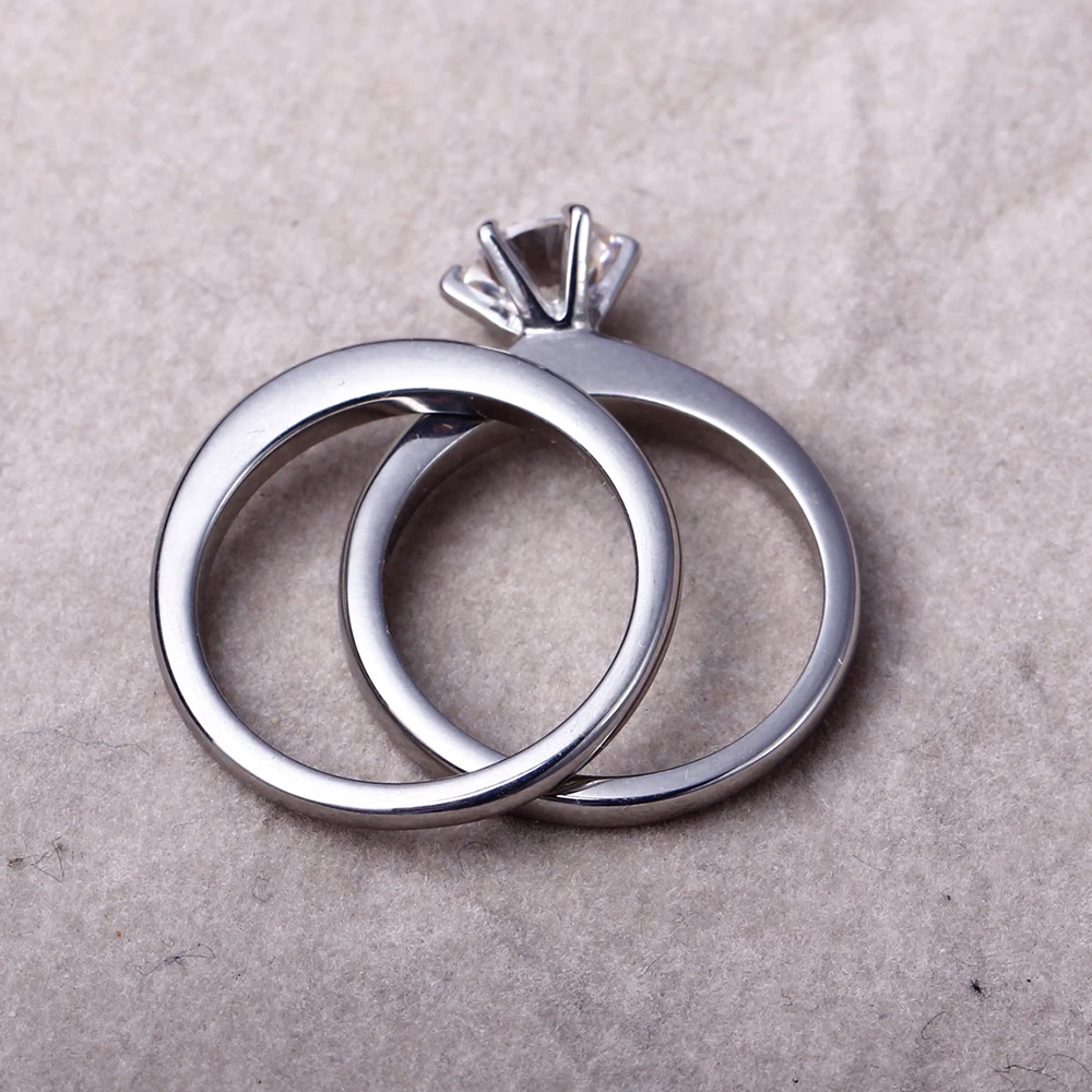 7mm 5A Cubic Zircon Ring 316L Stainless Steel Size 6-10 2PCS Set Engagement Wedding Jewelry For Women