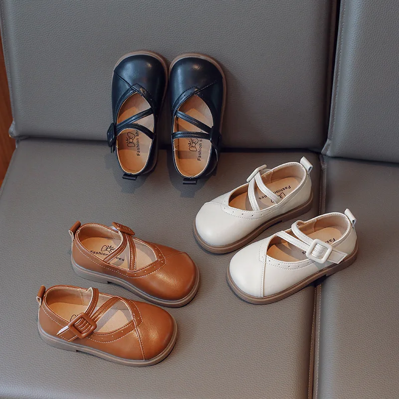 

Girl Solid Black Leather Shoes PU Shallow Kid Fashion Mary Jane Shoes Children Loafers Casual School Versatile Flat Single Shoes