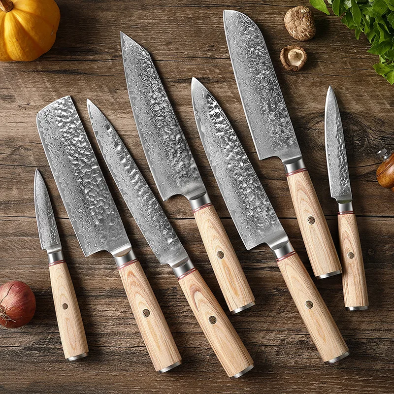 

TJ POP Forged Damascus Steel Kitchen Knives Sets 1-7 Pcs Sharp Japanese VG10 Santoku Knife Utility Cleaver Kiritsuke Chef Knife