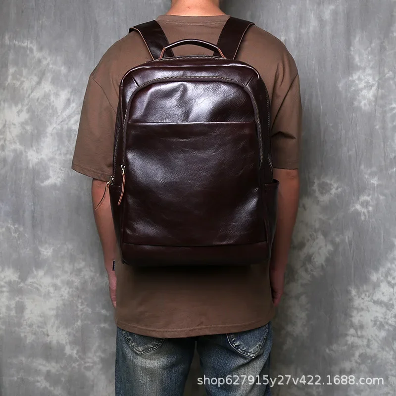 New Men's Full-Grain Leather Backpack Large Capacity Travel & Business Laptop Bag, Durable Anti-Theft Design with Water-Resis
