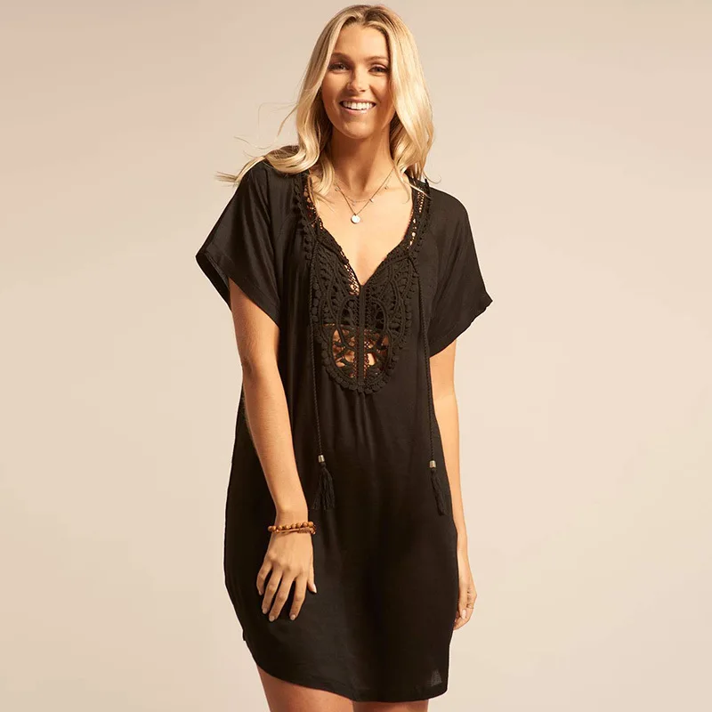 FORERUN Beach Dress Tunic Women Black Short Sleeve Crochet Casual Vestidos De Playa Summer Bathing Suit Cover Ups