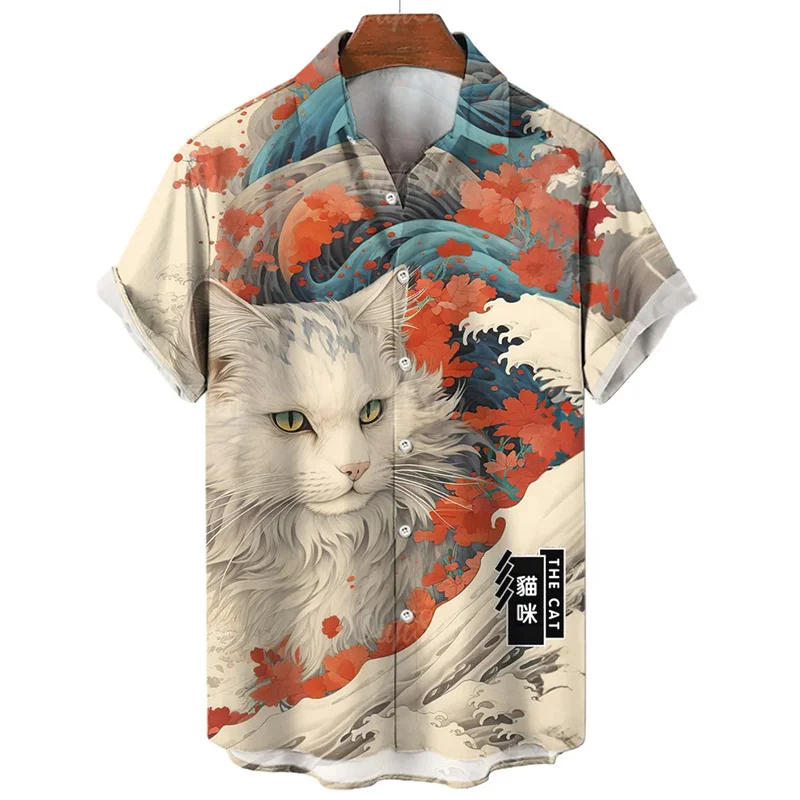 

Men's Shirt Japanese Cat 3D Print Men's Clothing 2024 Summer New Casual Hawaii Beach Hawaiian Harajuku Fashion Holiday Shirt