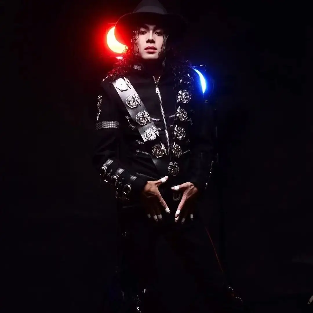 Impersonator Michael Joseph Jackson Costumes Jacket Stuff BAD Black With Silver Eagle Badges Punk Metal woolen Clothing 5