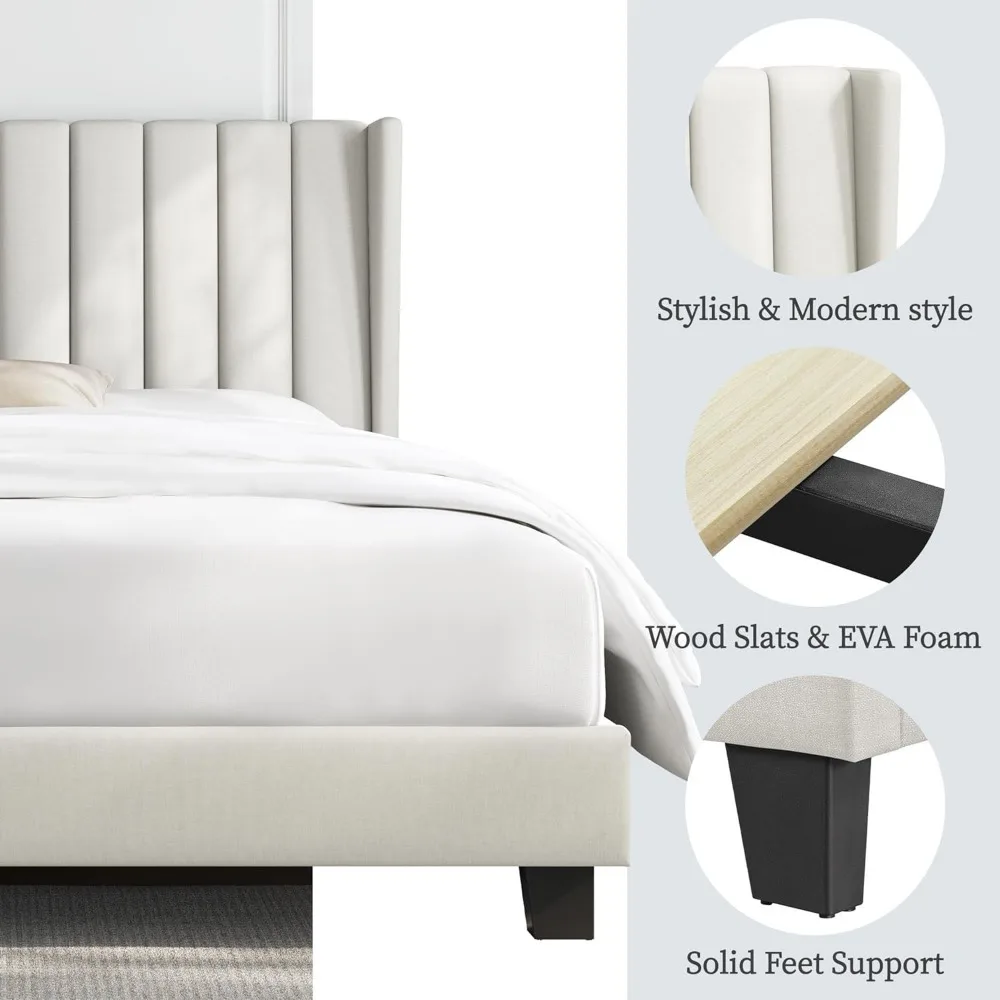 King Bed Frame Upholstered Platform Bed with Fabric Headboard, Wing Edge Design/Non-Slip and Noise-Free/No Box Spring Needed 6