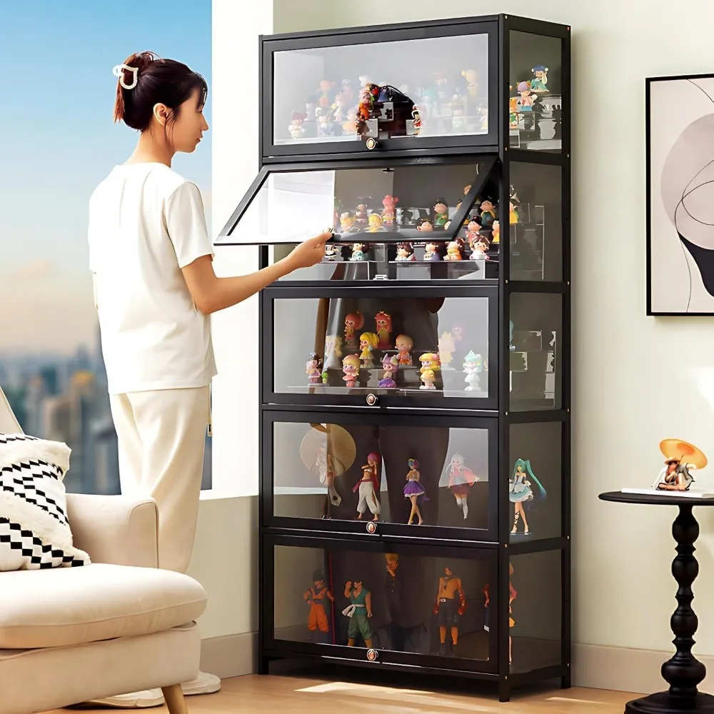 "5-tier acrylic door curio cabinet for collectible figures and toy display organizer rack"