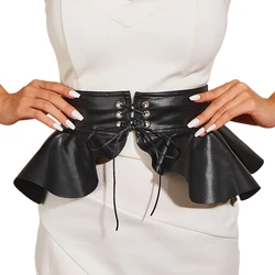 F42F Wide Black Peplum Belt Dress Corset Belts Leather Ruffle Skirt Decorative Belt