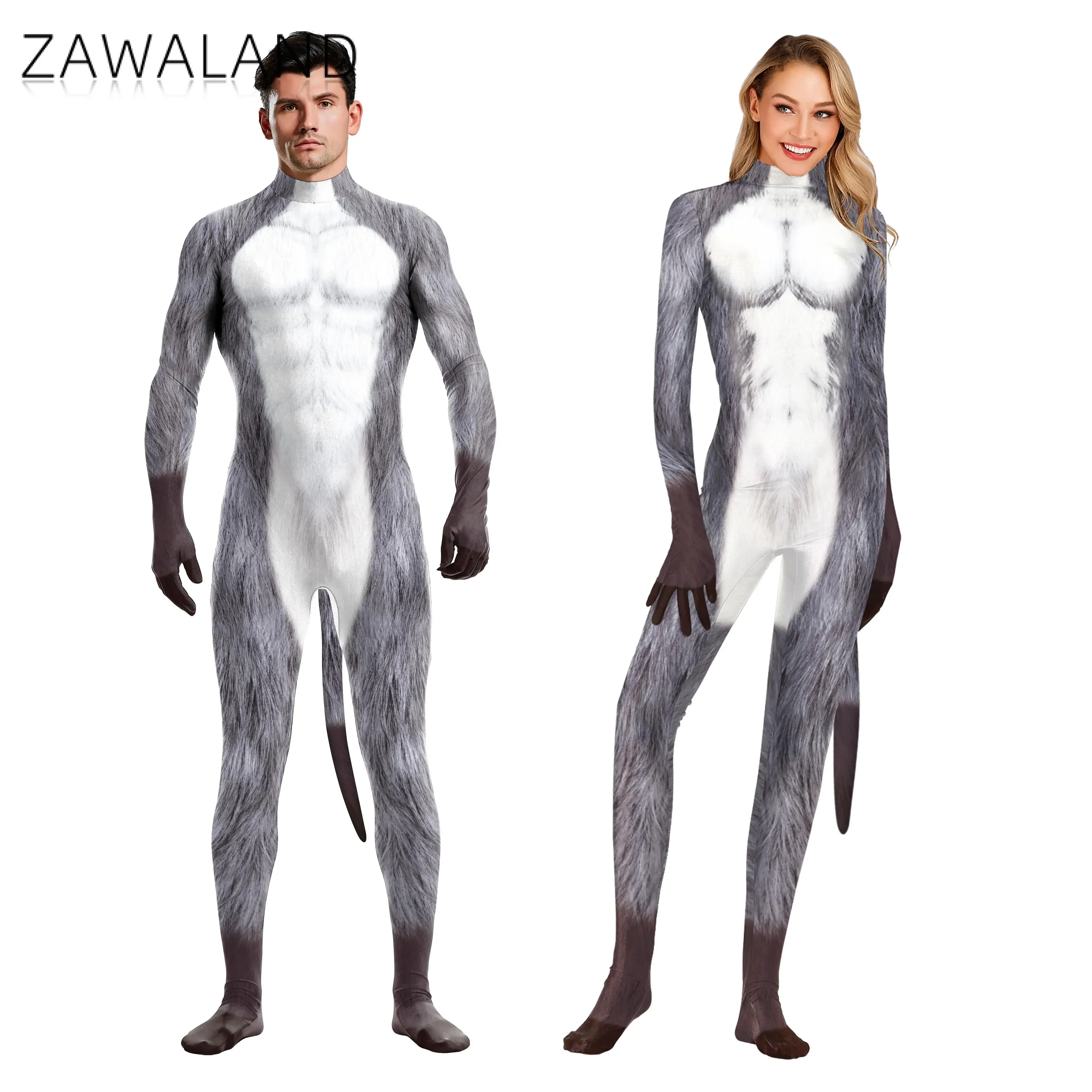 Zawaland Whole Cosplay Costumes Animal Full Cover Snow Wolf 3D Printed Fantasy Catsuit Adult Unisex Zentai Suit Bodysuit cosplay costume