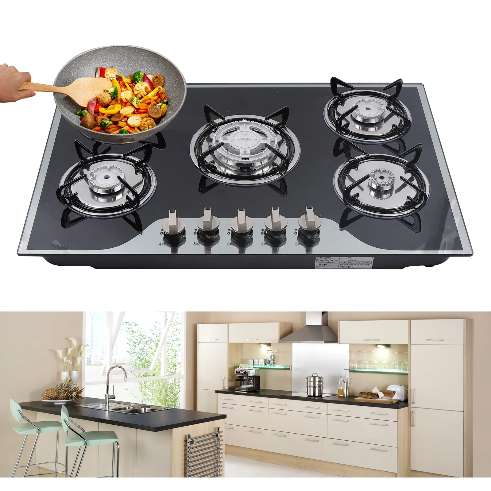 

30.3" LPG/NG Gas COOKTOP Built-in 5Burner Stove Hob Cooktop Tempered Glass