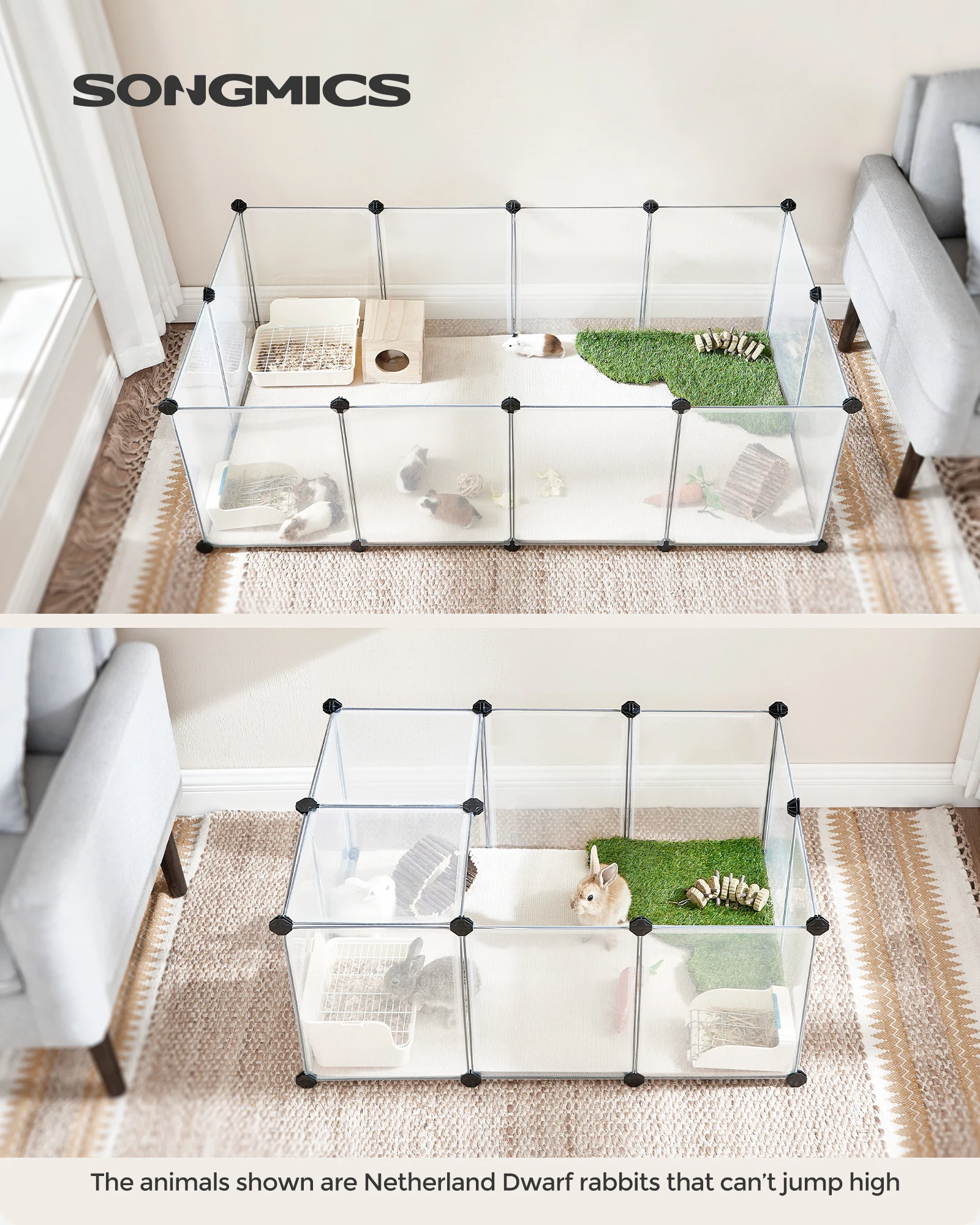 SONGMICS Pet Playpen with Floor, Small Animal Pen, Pet Fence Indoor, DIY Plastic Enclosure for Hamsters, Rabbits, Hedgehogs