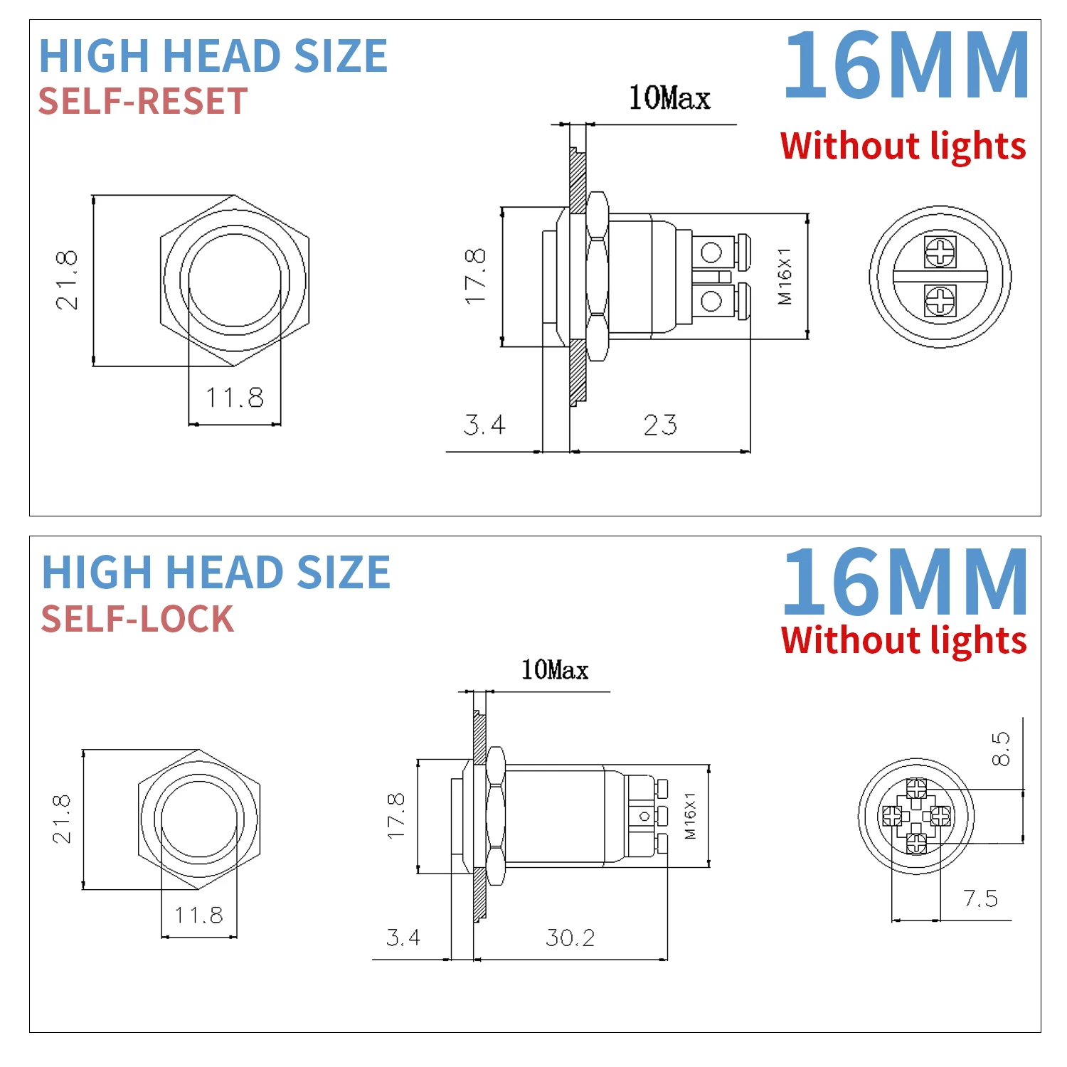 1NO 16 19 22mm Screw feet termina Momentary metal push button switch 1NOl for auto push button flat spherical high color no led